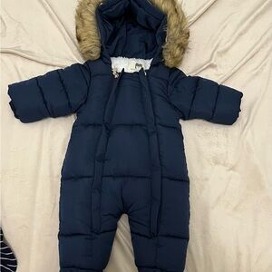 Mother's Baby Blue Snowsuit with Faux Fur Hood